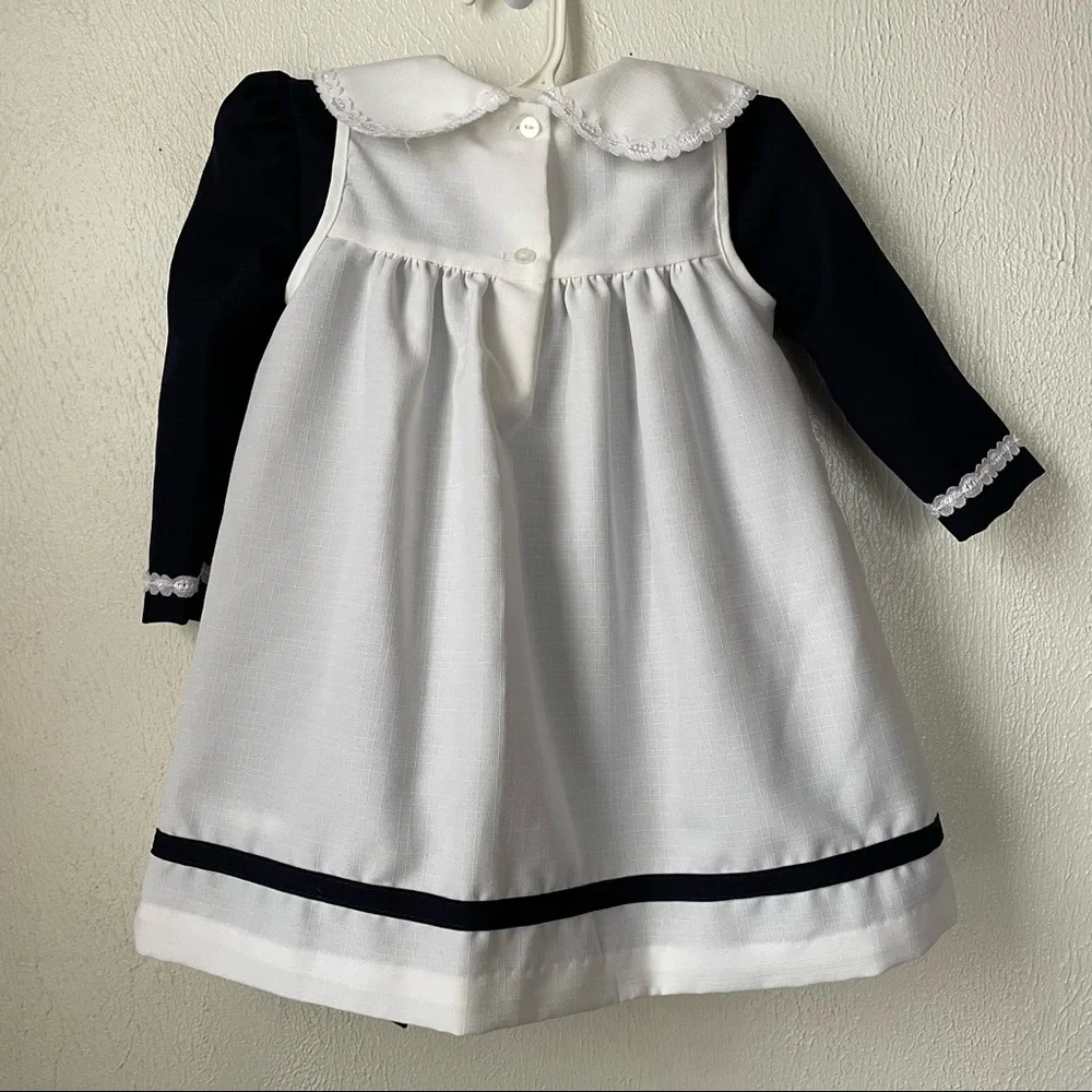 Vintage Rare Editions Girls White/Navy Blue Long Sleeve Apron Bib Dress Sz 3T